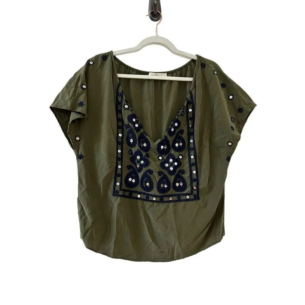 Tory Burch Camille Embroidered Silk Blouse Women's Dark Green Size 8